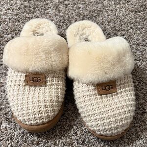 UGG Beige Knit Slippers with Plush Lining